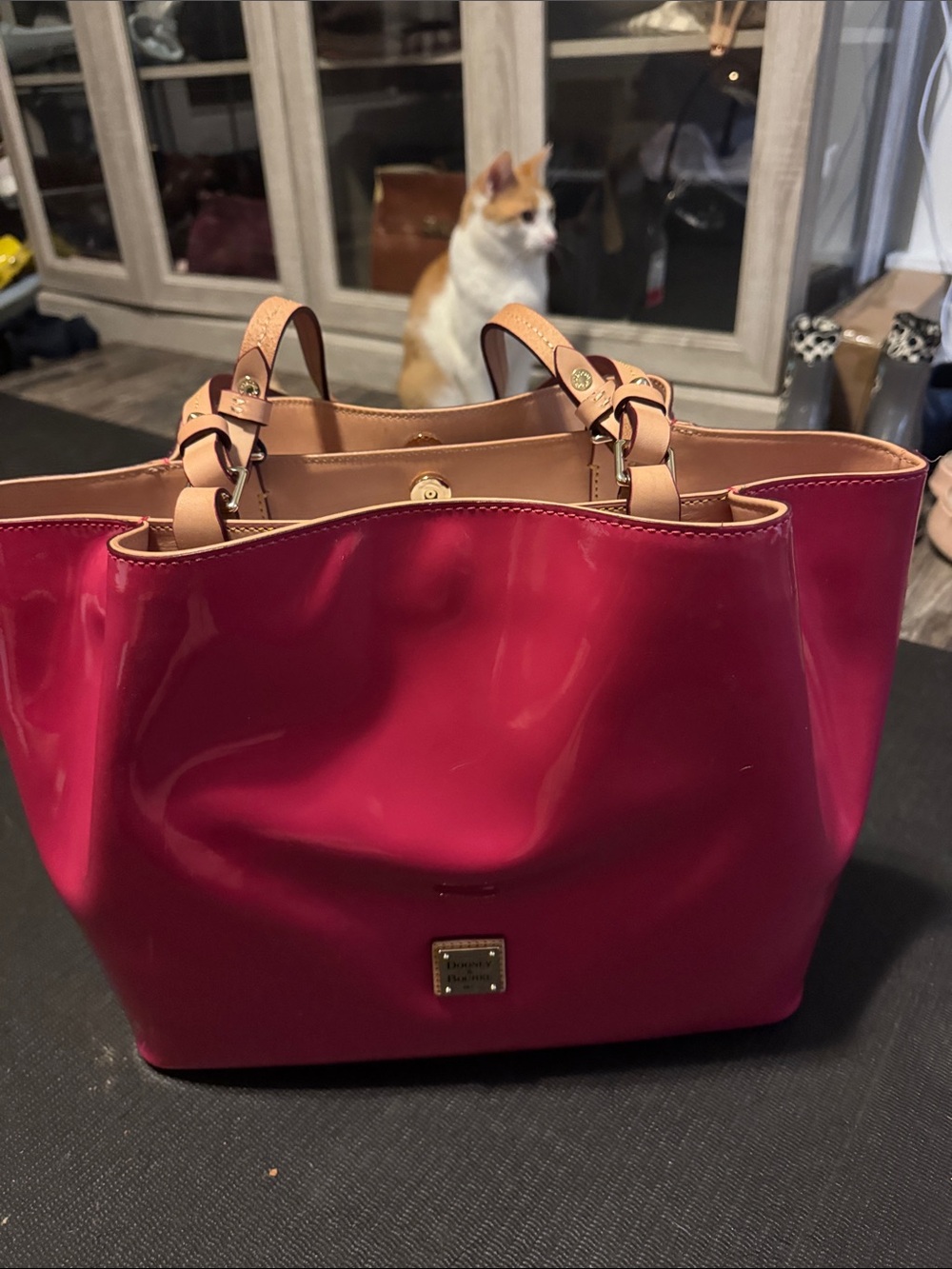 Dooney & Bourke Hot Pink Patent Leather Tote with Tan Handles